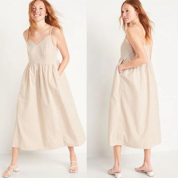 NWT OLD NAVY Cotton-Poplin Cami Yellow Gingham Maxi Swing Dress Womens Small - Picture 1 of 7